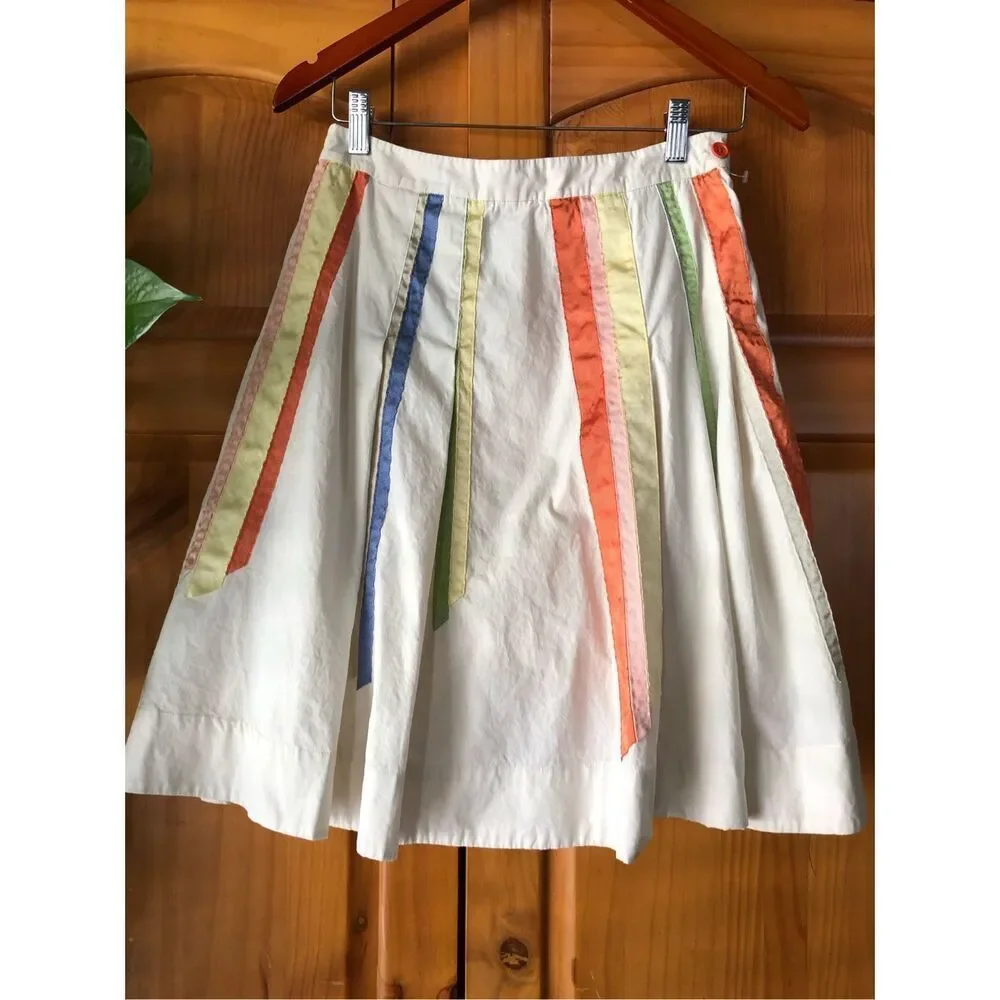Lithe Cotton A-Line Skirt Size 4 Ivory Multicolor Ribbon Detail
